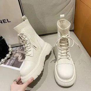 Martin boots women's short boots popular new front lace-up British style retro round head elastic soft sole thin bare boots