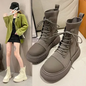 Martin boots women's short boots popular new front lace-up British style retro round head elastic soft sole thin bare boots