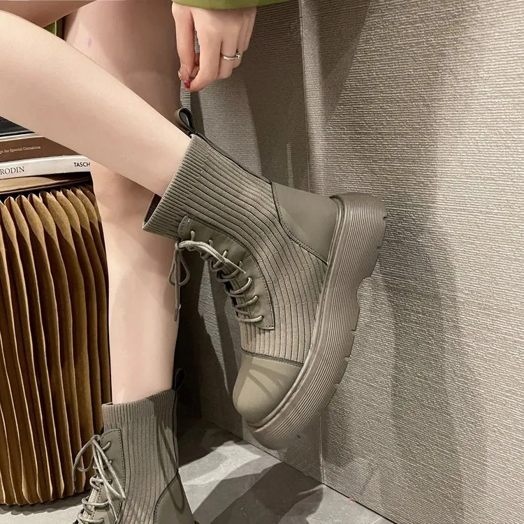 Martin boots women's short boots popular new front lace-up British style retro round head elastic soft sole thin bare boots