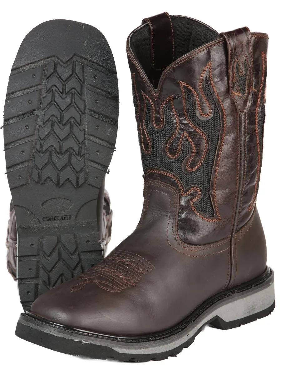 Men's Genuine Leather Soft Toe Western Work Boots 'El General' Dark Brown 51275
