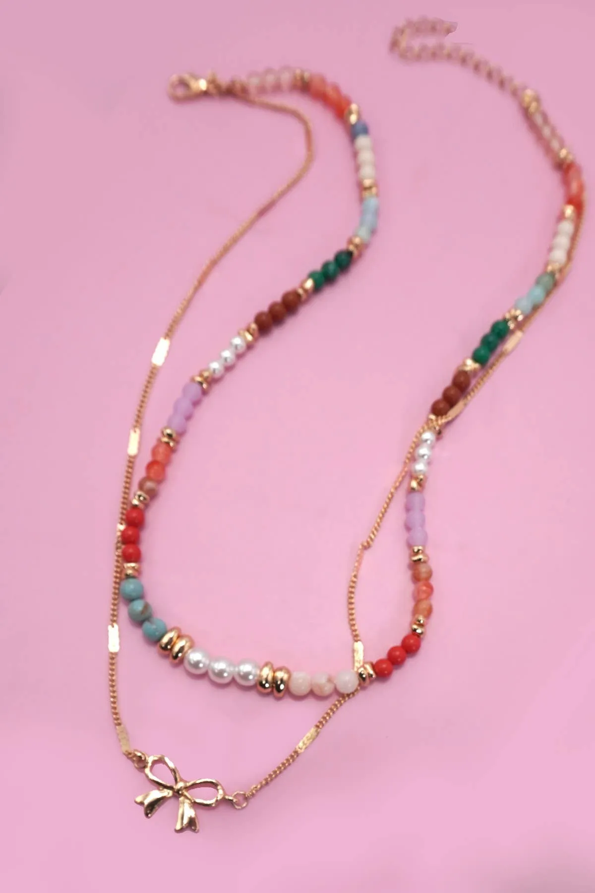 MULTI BEADED BOW CHARM DOUBLE LAYER NECKLACE