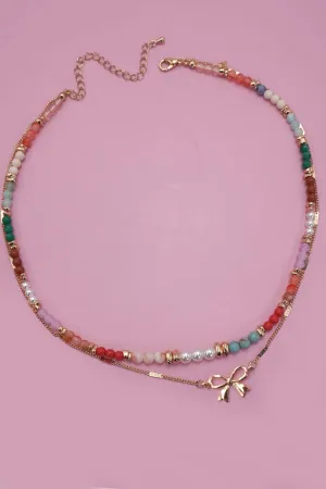 MULTI BEADED BOW CHARM DOUBLE LAYER NECKLACE
