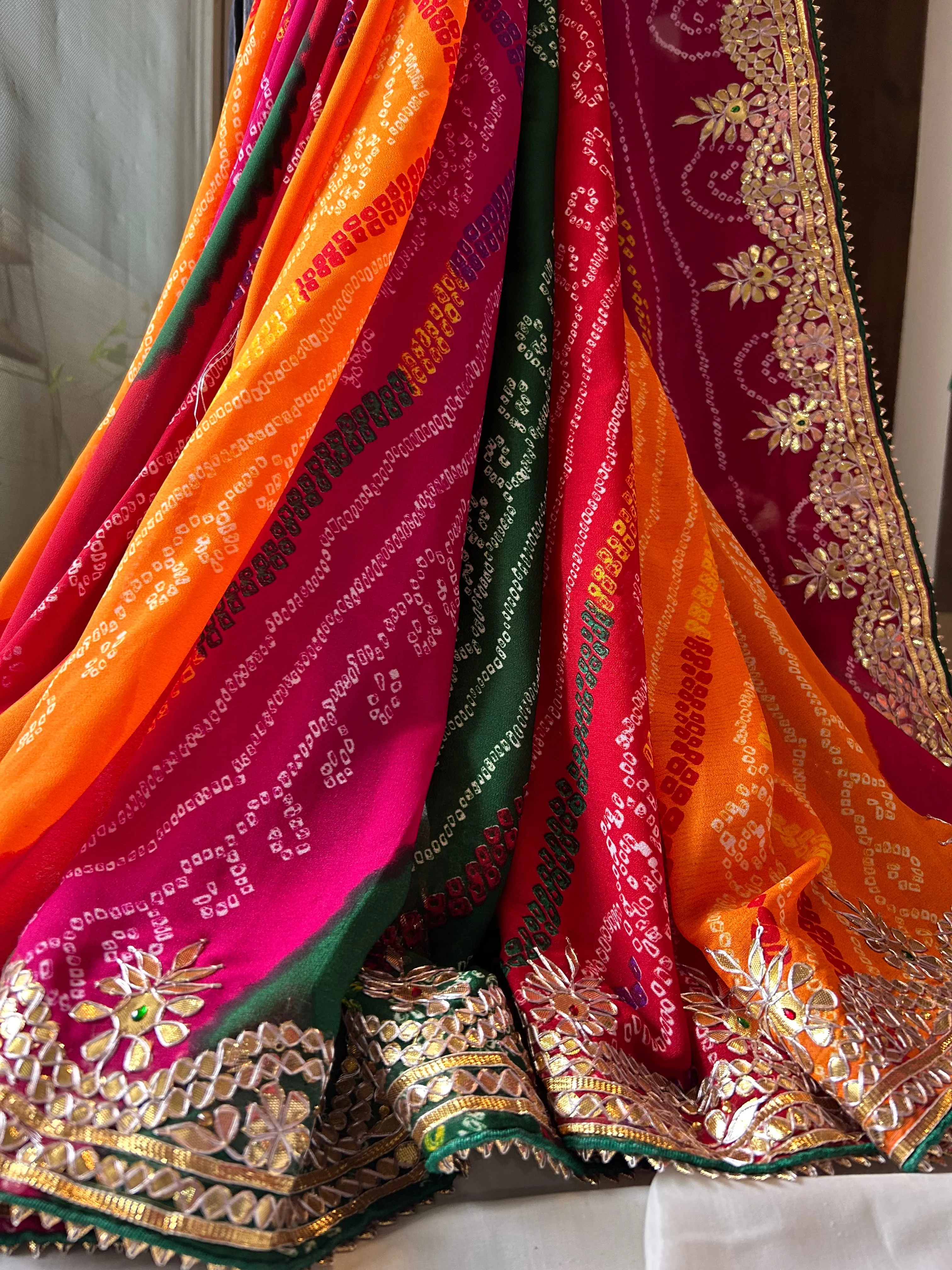 Multicolor Leheriya Bandhej Gota Patti Saree