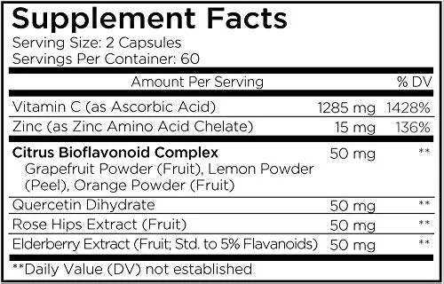 Natural Daily Vitamin C 1285mg Supplement, Citrus Bioflavonoids Fruits, Elderberry, Quercetin, Rosehips Extract, Zinc, Grapefuit, Lemon, Orange Powder – Vegan, Non-GMO – 2 Months Supply - 120 Capsules