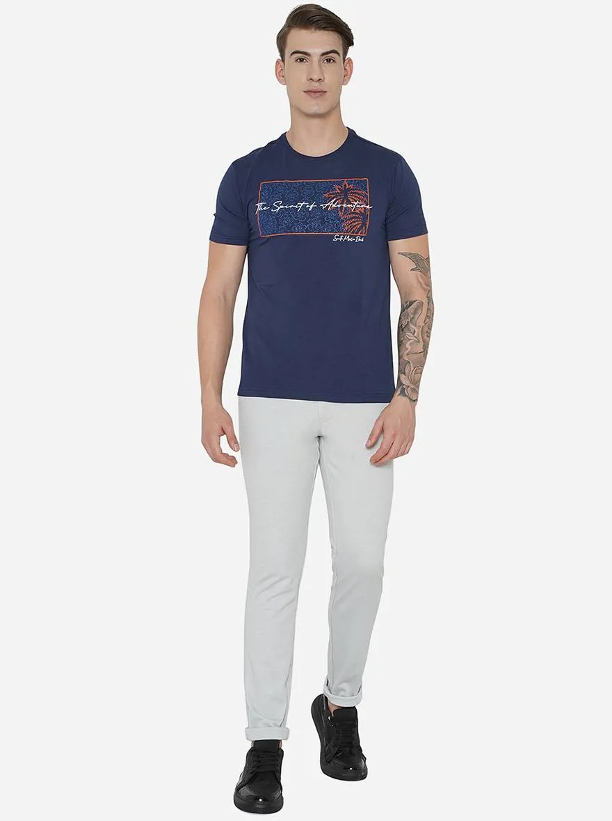 Navy Blue Printed Slim Fit T-Shirt | JadeBlue