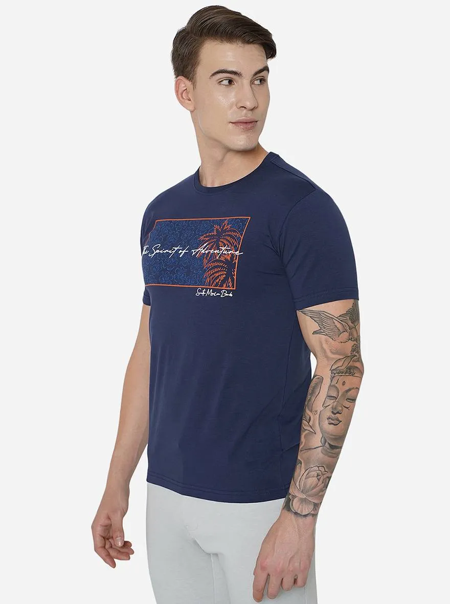 Navy Blue Printed Slim Fit T-Shirt | JadeBlue