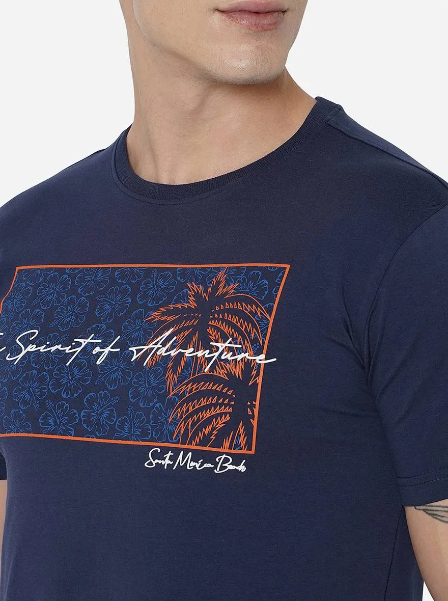 Navy Blue Printed Slim Fit T-Shirt | JadeBlue