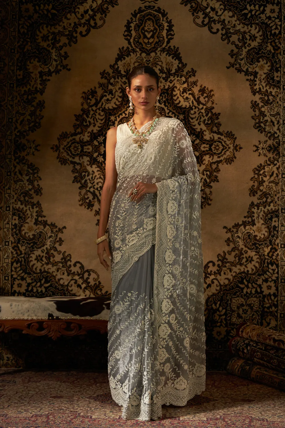 Net With Pearl Work Saree