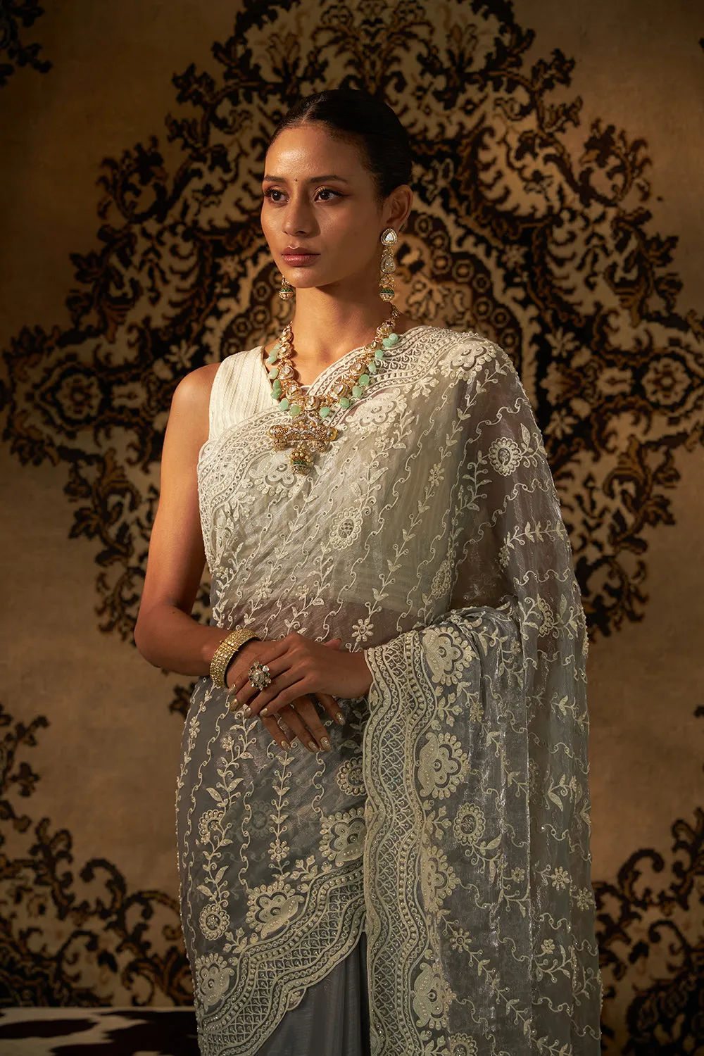 Net With Pearl Work Saree