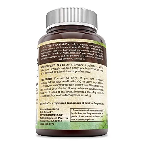 nutri-essentials orgánicos cúrcuma Curcumina con Bioperine 755 MG 180 °Cápsulas vegetales