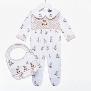 Ocean Baby Boys Smocked White Teddy Sleepsuit & Bib Set (NB-12M)