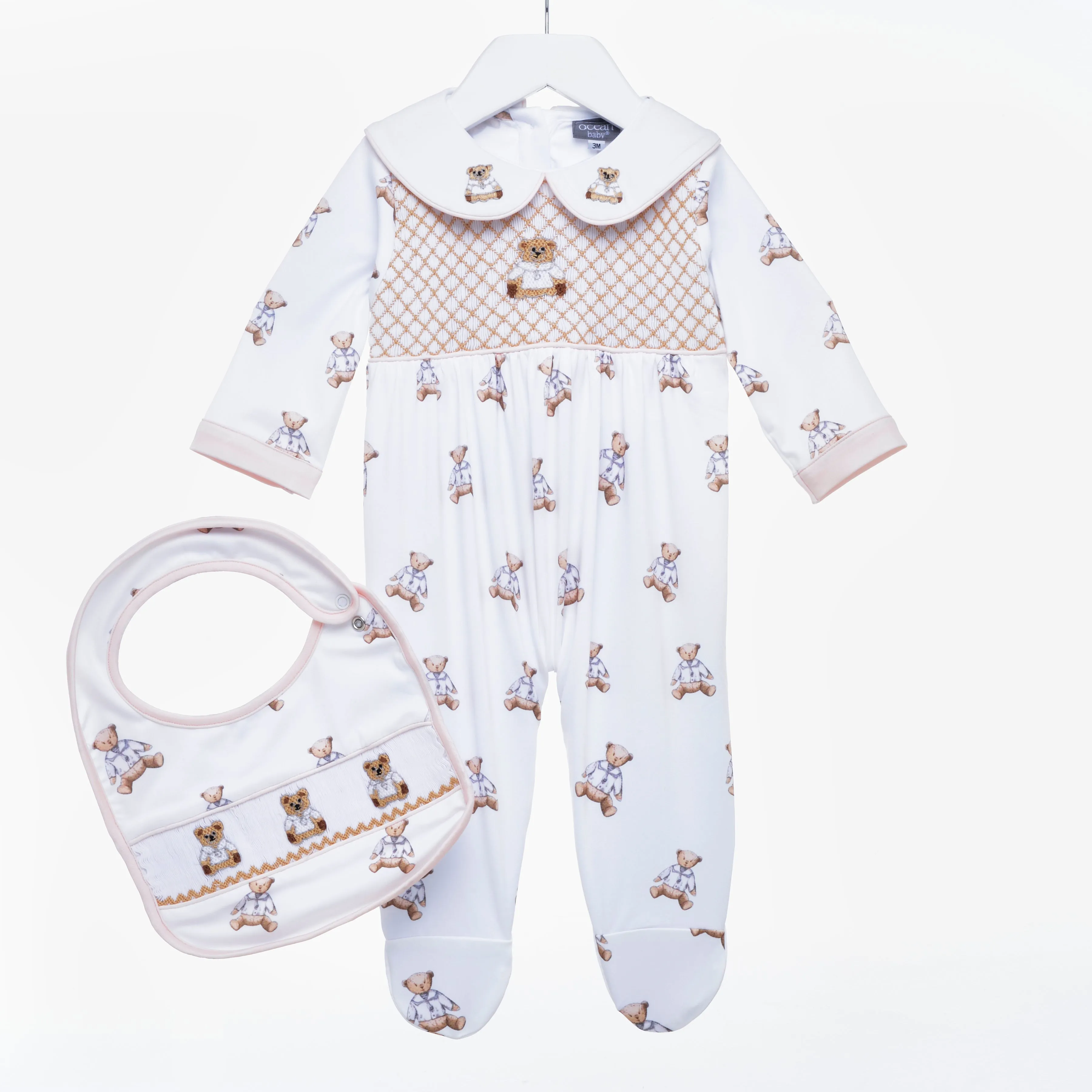 Ocean Baby Boys Smocked White Teddy Sleepsuit & Bib Set (NB-12M)