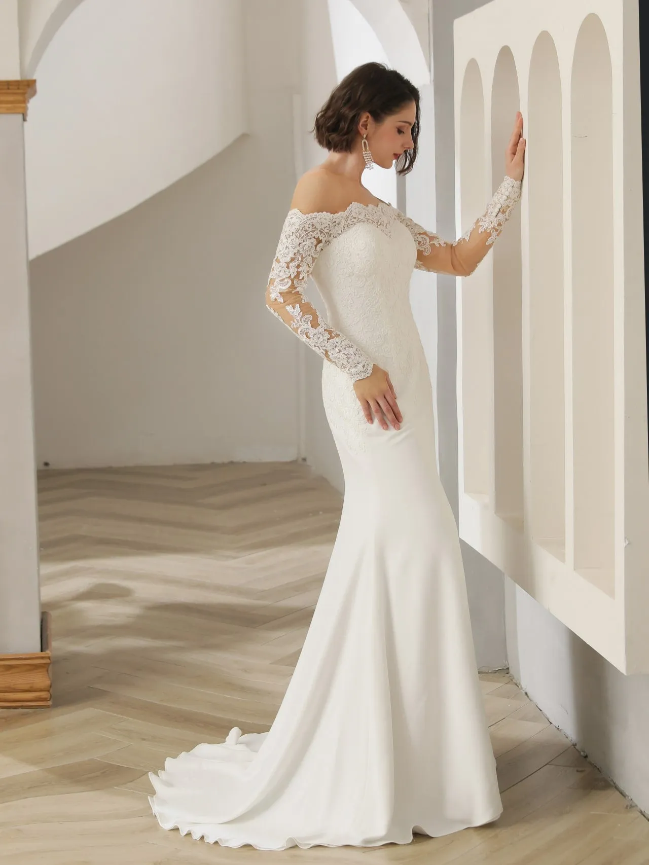 Off Shoulder Floral Lace Crepe Fit & Flare Wedding Dress | Halle