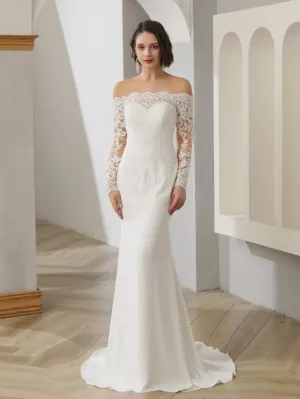 Off Shoulder Floral Lace Crepe Fit & Flare Wedding Dress | Halle