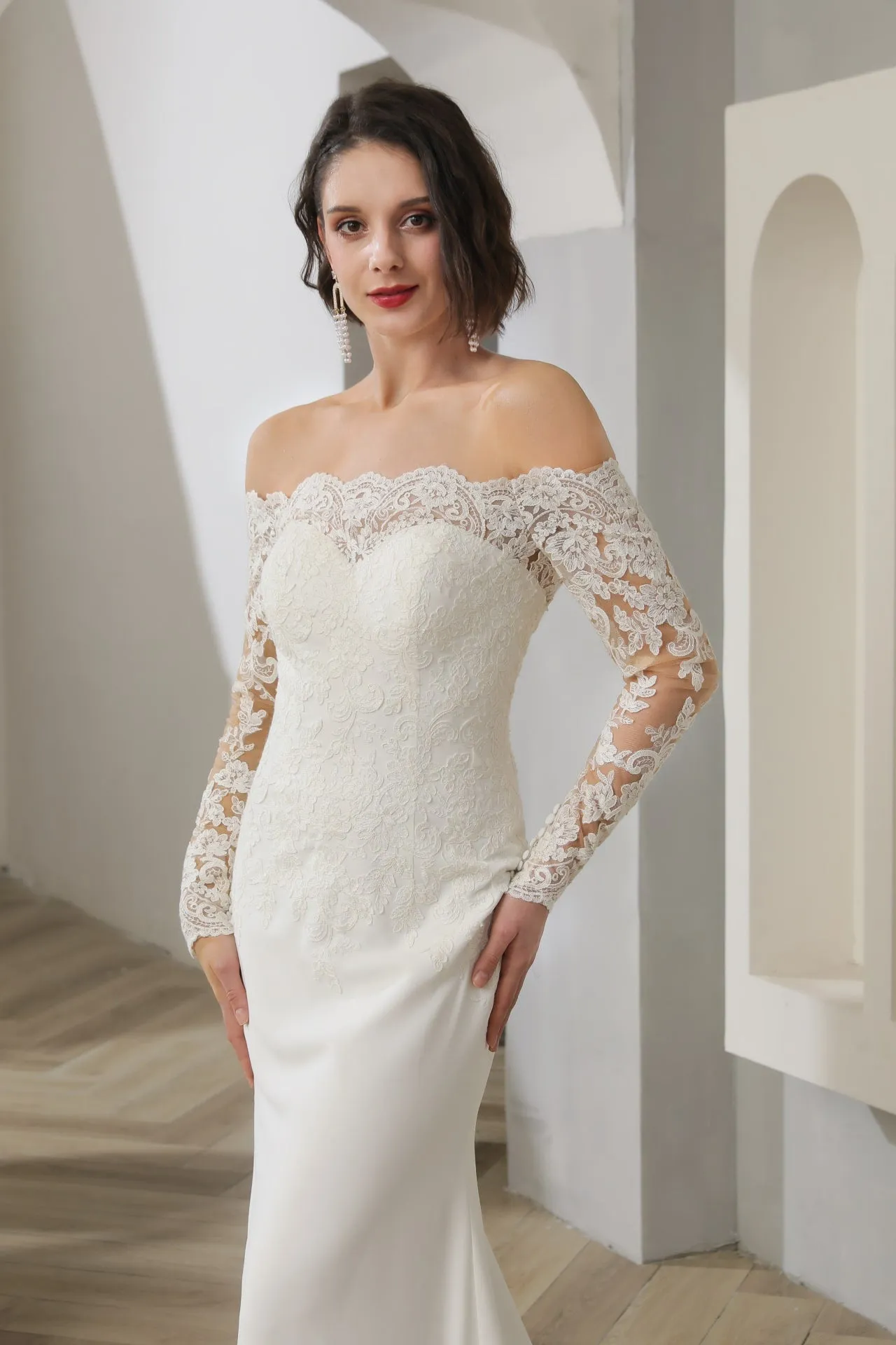 Off Shoulder Floral Lace Crepe Fit & Flare Wedding Dress | Halle