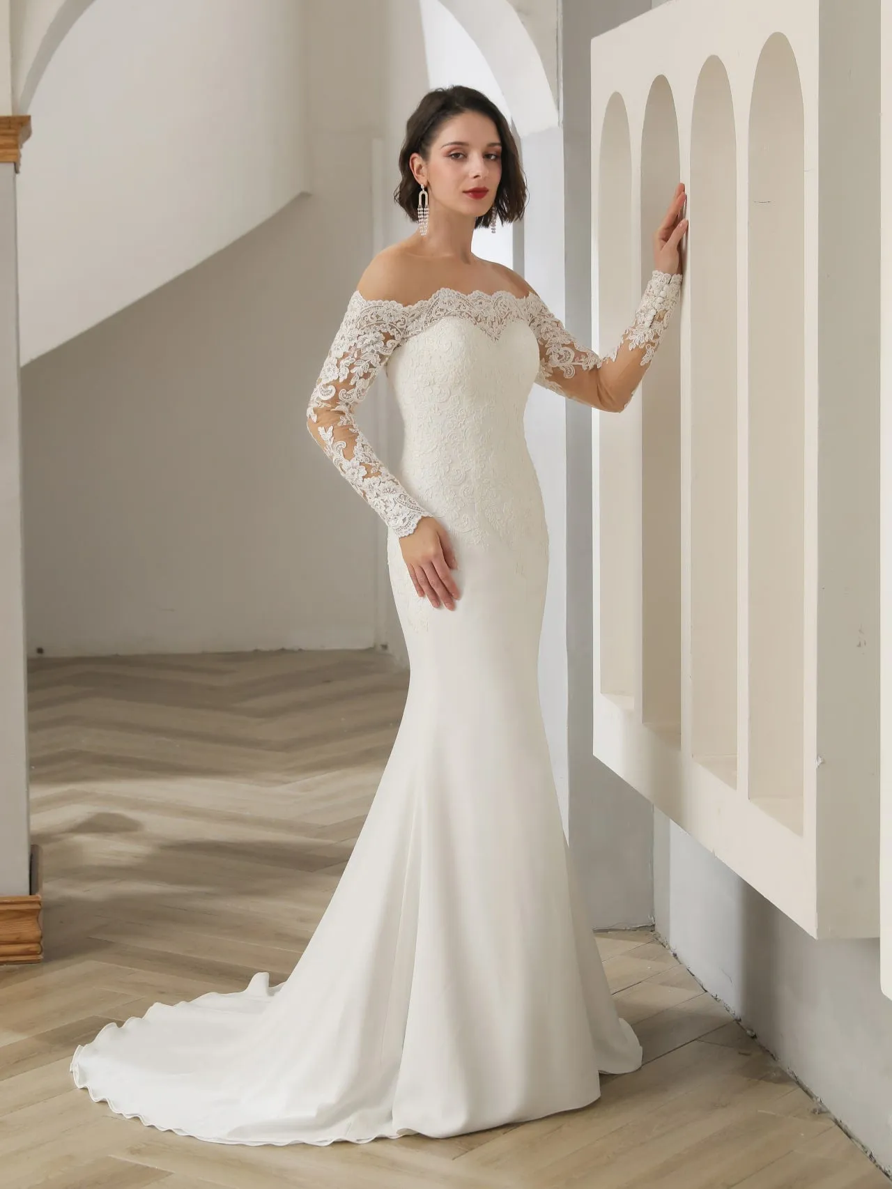 Off Shoulder Floral Lace Crepe Fit & Flare Wedding Dress | Halle