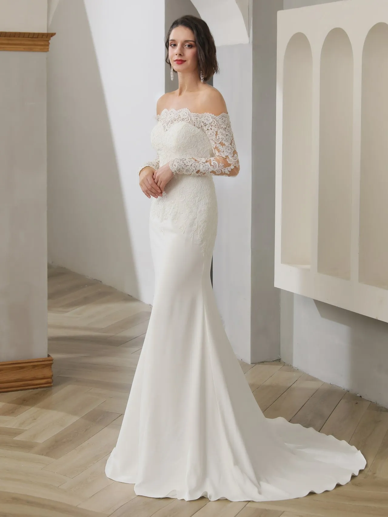 Off Shoulder Floral Lace Crepe Fit & Flare Wedding Dress | Halle