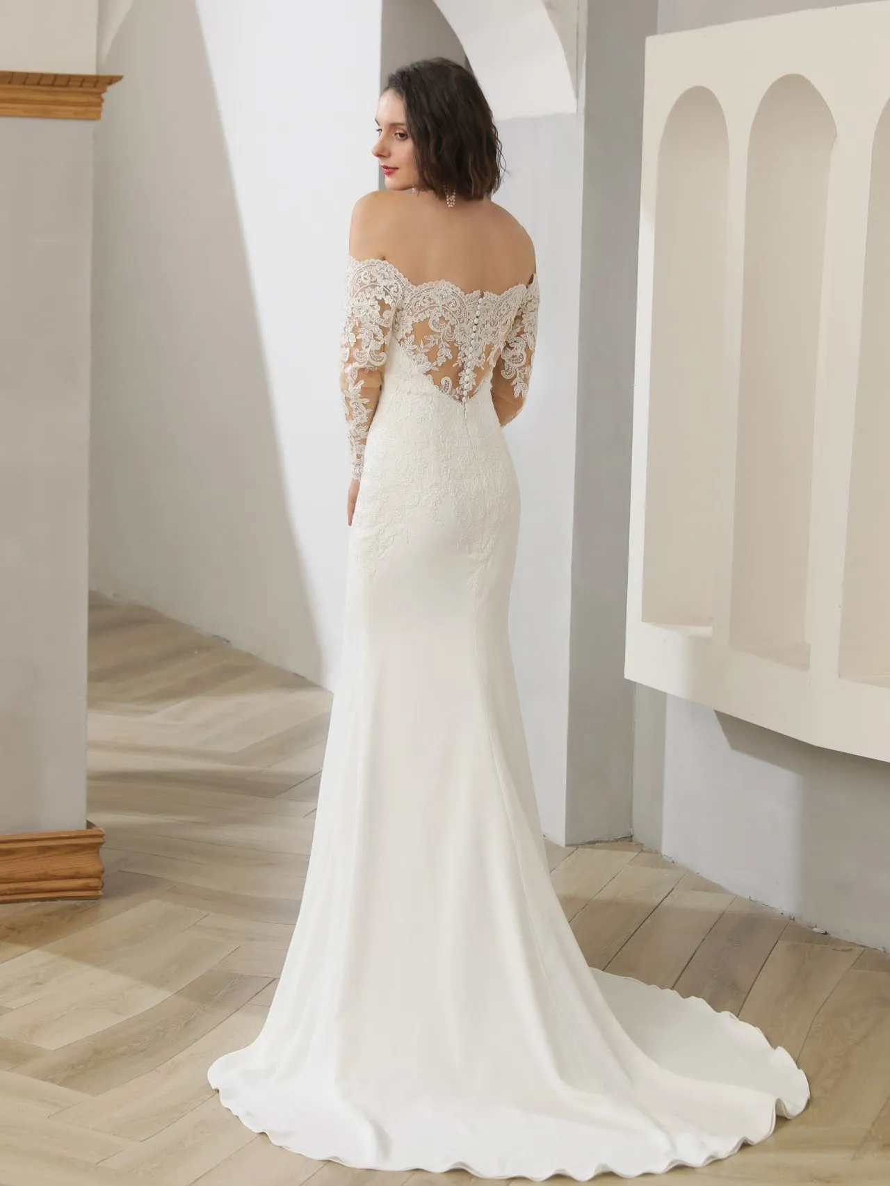 Off Shoulder Floral Lace Crepe Fit & Flare Wedding Dress | Halle