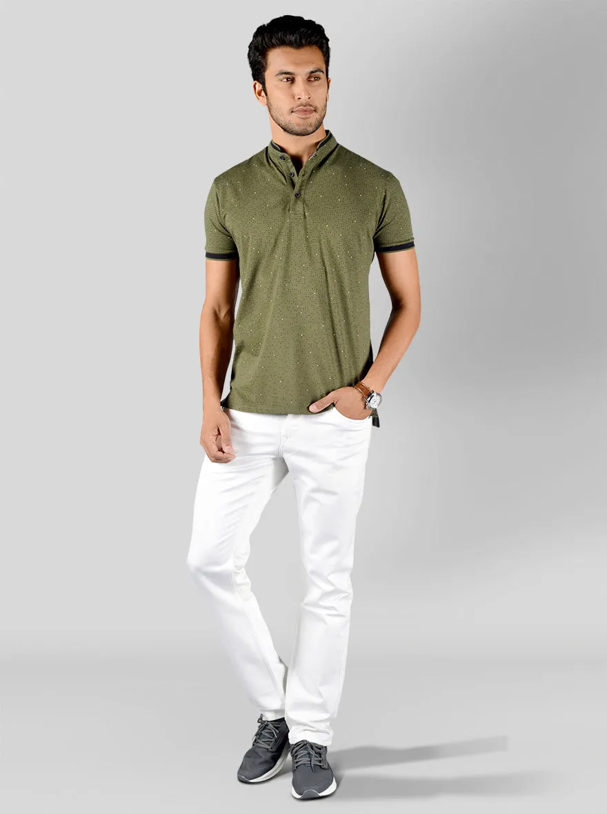 Olive Green Printed Slim Fit Polo T-shirt | JadeBlue