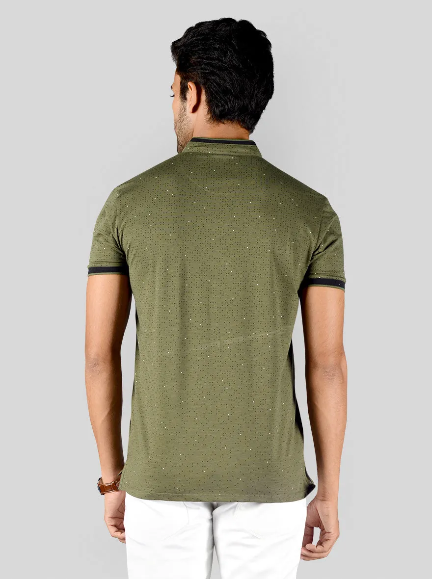 Olive Green Printed Slim Fit Polo T-shirt | JadeBlue