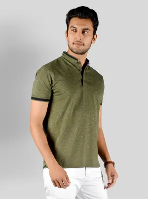 Olive Green Printed Slim Fit Polo T-shirt | JadeBlue