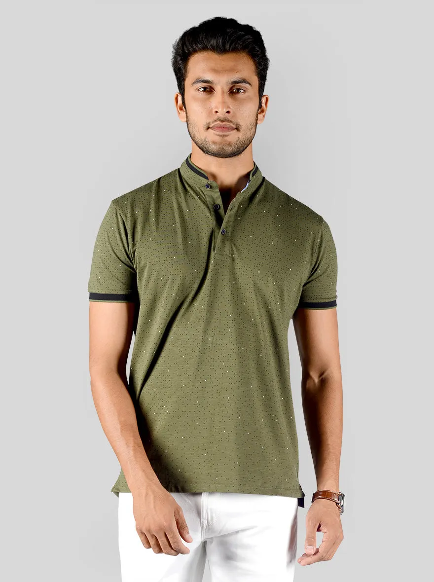 Olive Green Printed Slim Fit Polo T-shirt | JadeBlue