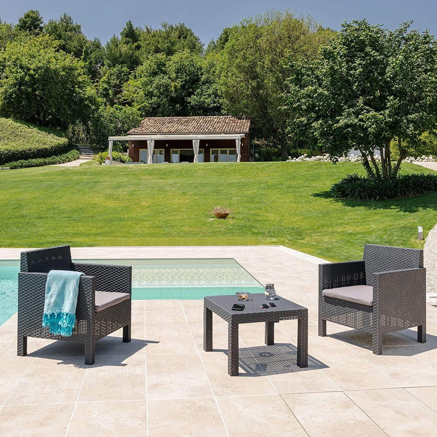 Penelope 3 Piece 2 Person Weatherproof Rattan Outdoor Garden Lawn Decking Balcony Furniture Set, 2x Chair   1x Table, Anthracite