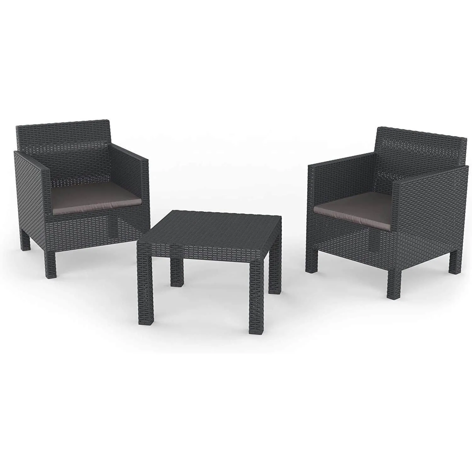 Penelope 3 Piece 2 Person Weatherproof Rattan Outdoor Garden Lawn Decking Balcony Furniture Set, 2x Chair   1x Table, Anthracite
