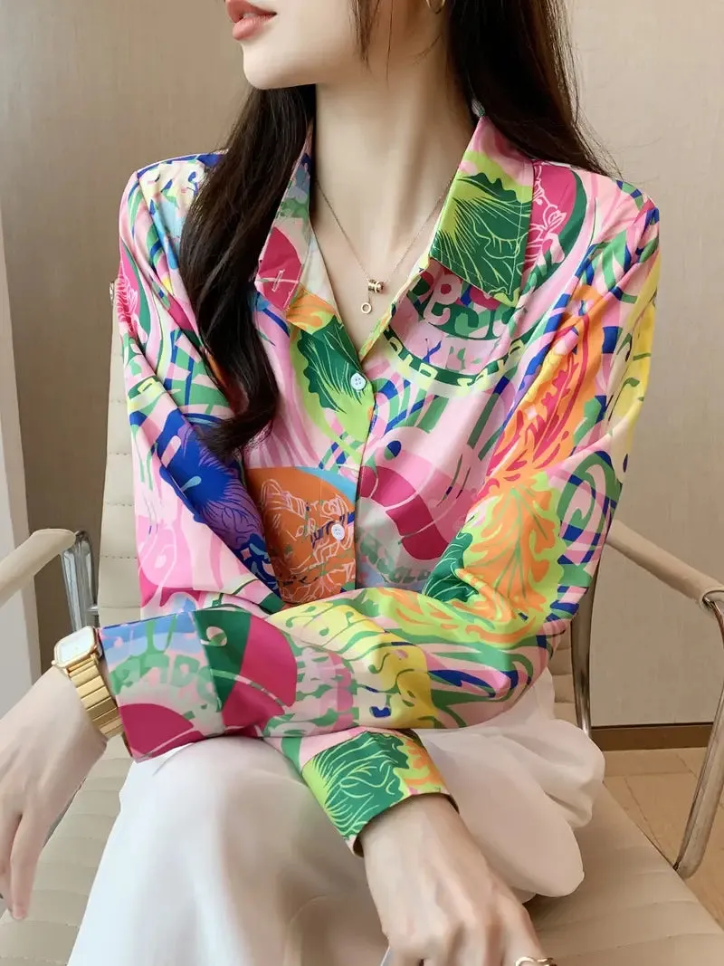Plant Print Button Front Shirt, Vacation Long Sleeve
