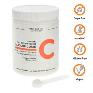 Pro Basics Nutrition no GMO L ácido ascórbico Vitamina C en polvo, base vegetal, vegano, no sintético, con cuchara de servir 500 mg, 7 onzas nuevo stock próximamente.