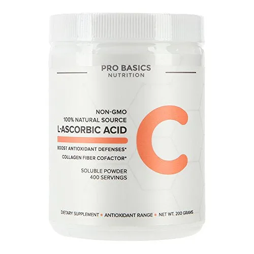 Pro Basics Nutrition no GMO L ácido ascórbico Vitamina C en polvo, base vegetal, vegano, no sintético, con cuchara de servir 500 mg, 7 onzas nuevo stock próximamente.