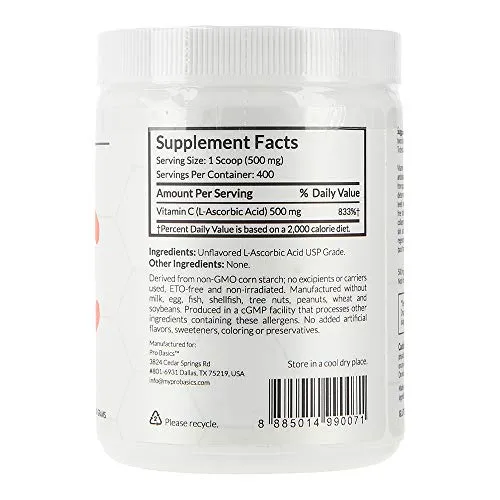 Pro Basics Nutrition no GMO L ácido ascórbico Vitamina C en polvo, base vegetal, vegano, no sintético, con cuchara de servir 500 mg, 7 onzas nuevo stock próximamente.