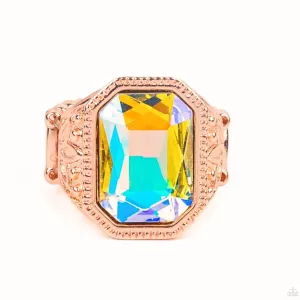 "Galaxy Goddess" Rose Gold Metal & Emerald Cut Iridescent Rhinestone Elastic Ring
