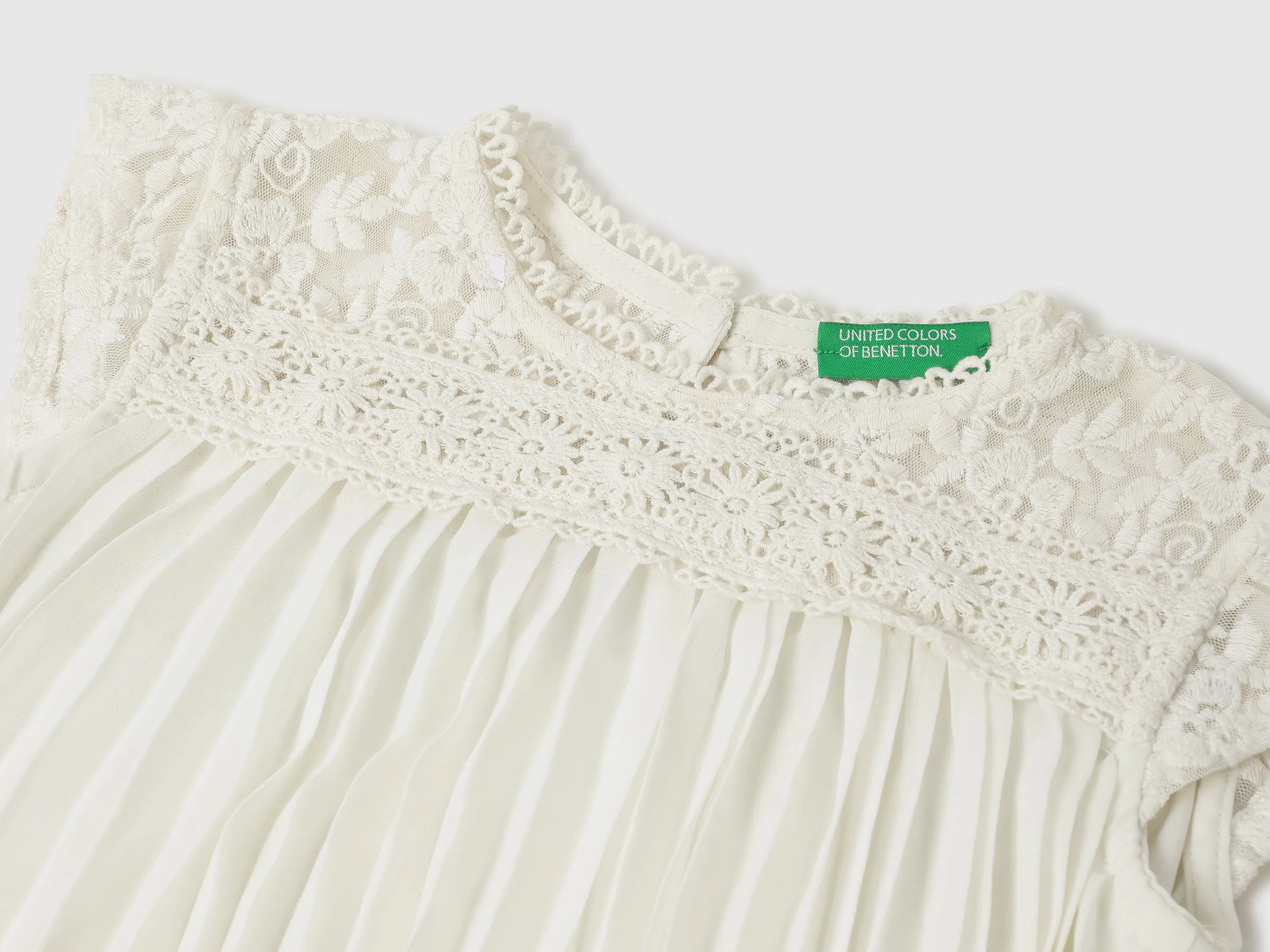 Regular Fit Round Neck Embroidered Lace Insert Perma Pleat Dress