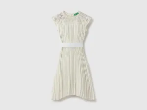 Regular Fit Round Neck Embroidered Lace Insert Perma Pleat Dress