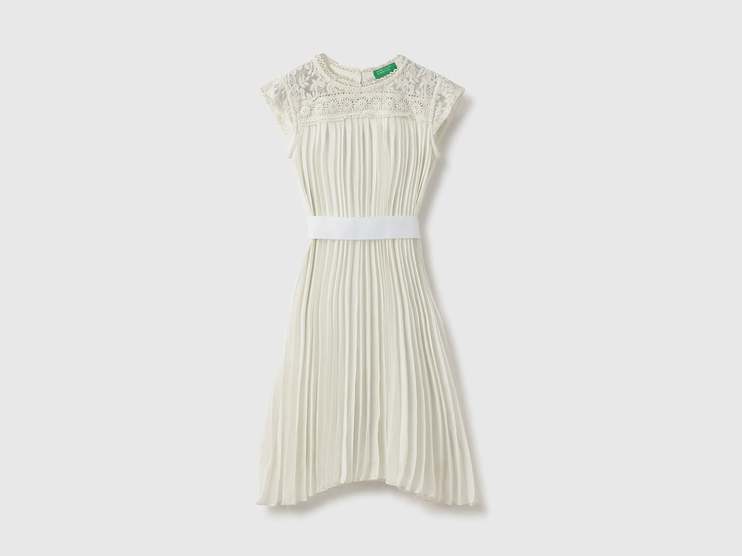 Regular Fit Round Neck Embroidered Lace Insert Perma Pleat Dress