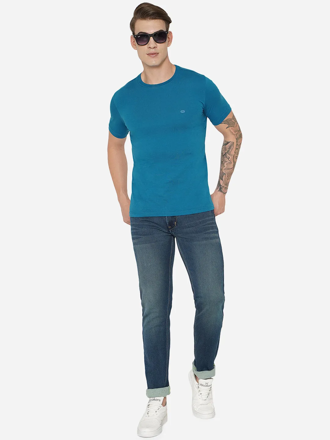 Seaport Blue Solid Slim Fit T-Shirt | JadeBlue