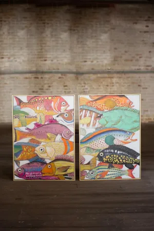 Set of 2 Colorful Fish Oil Paintings with Gold Frames