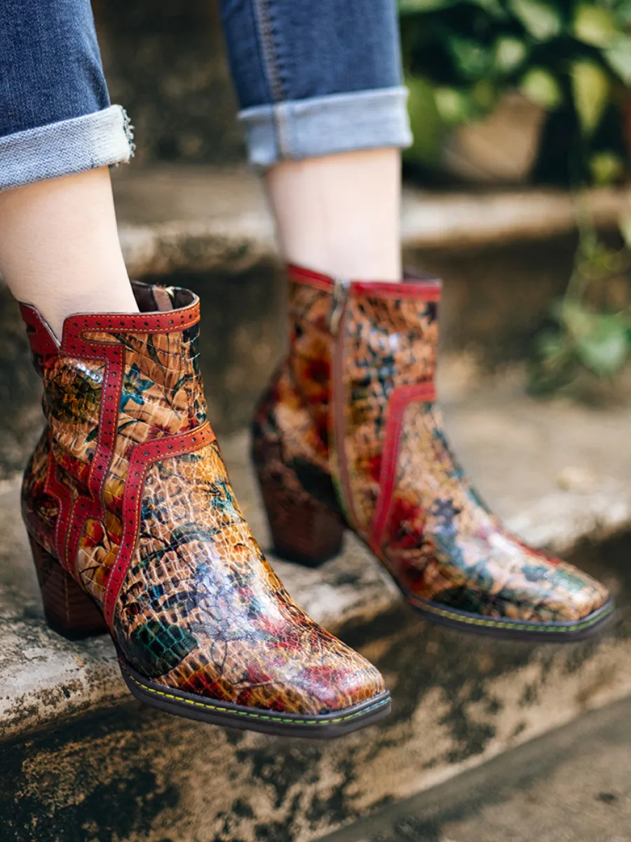 Terracotta Warriors Vintage Genuine Leather Mid Heel Ankle Boots