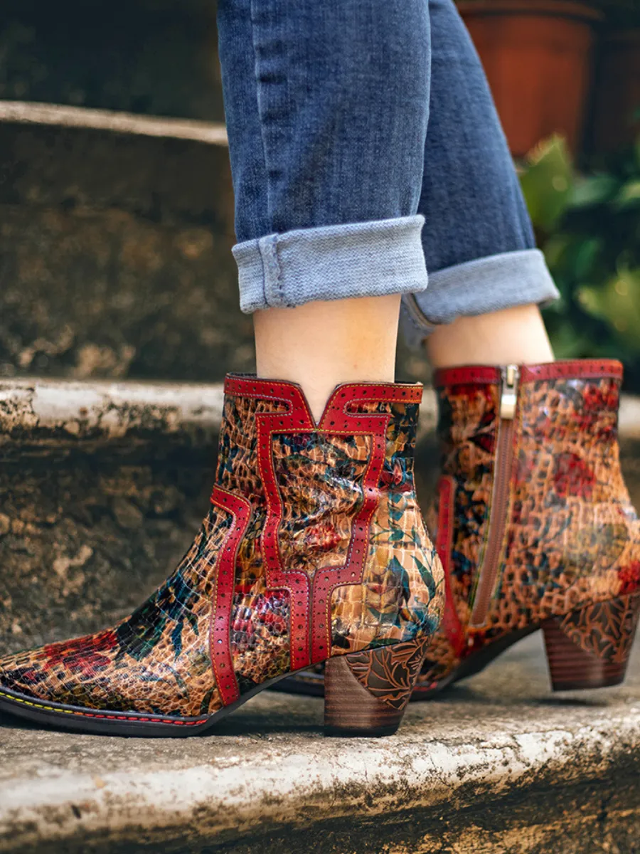 Terracotta Warriors Vintage Genuine Leather Mid Heel Ankle Boots