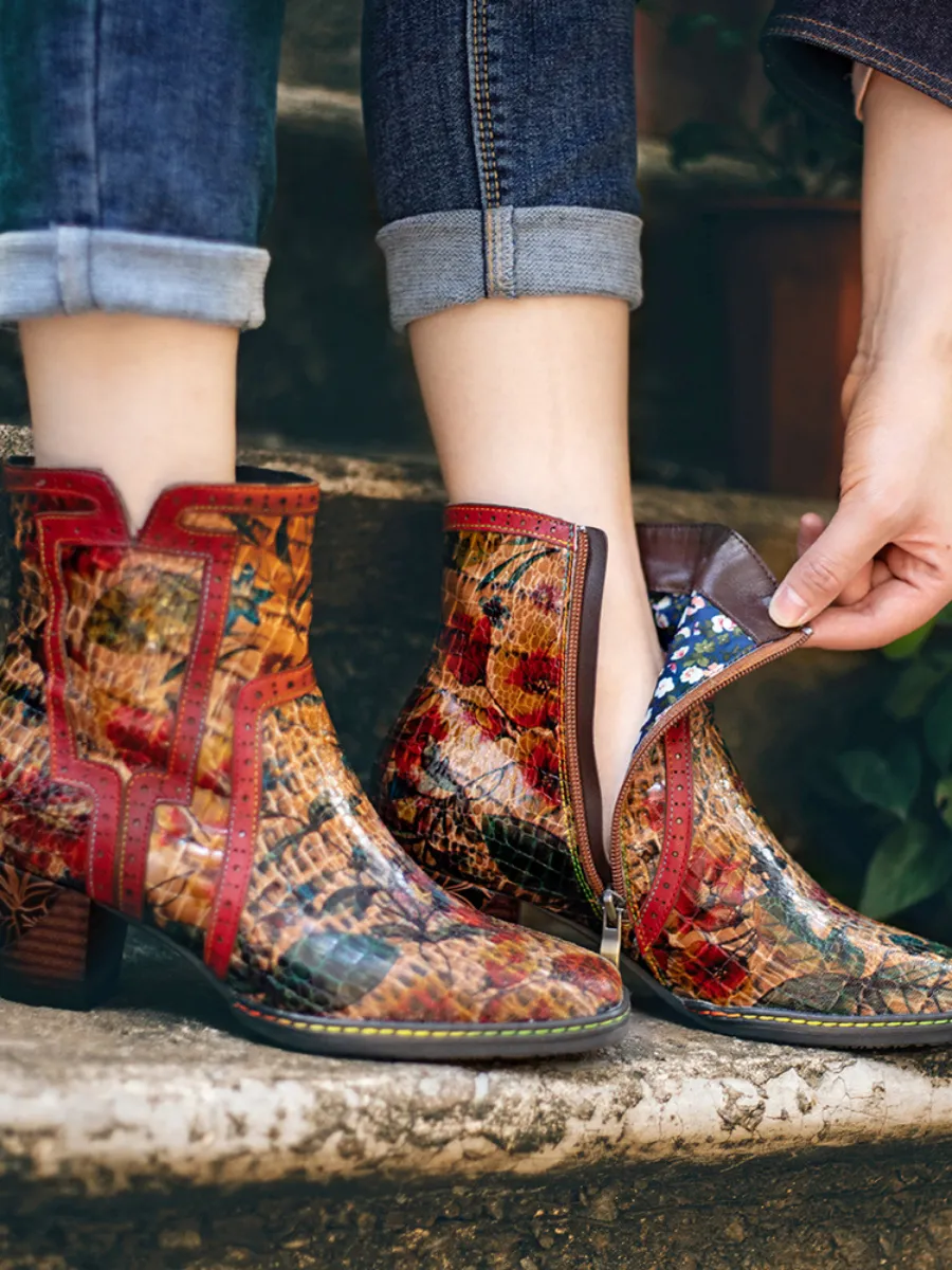 Terracotta Warriors Vintage Genuine Leather Mid Heel Ankle Boots