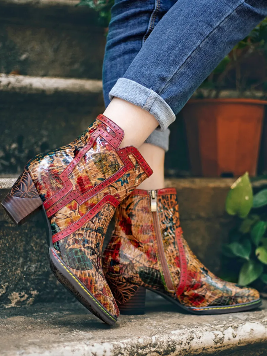 Terracotta Warriors Vintage Genuine Leather Mid Heel Ankle Boots