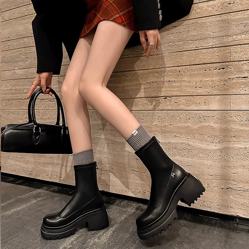 This Year's Popular Booties Women's 2023 Thick Sole Height-Increasing Martain Boots Chunky Heel High Heel Stretch Thin Boots Best Selling Boots
