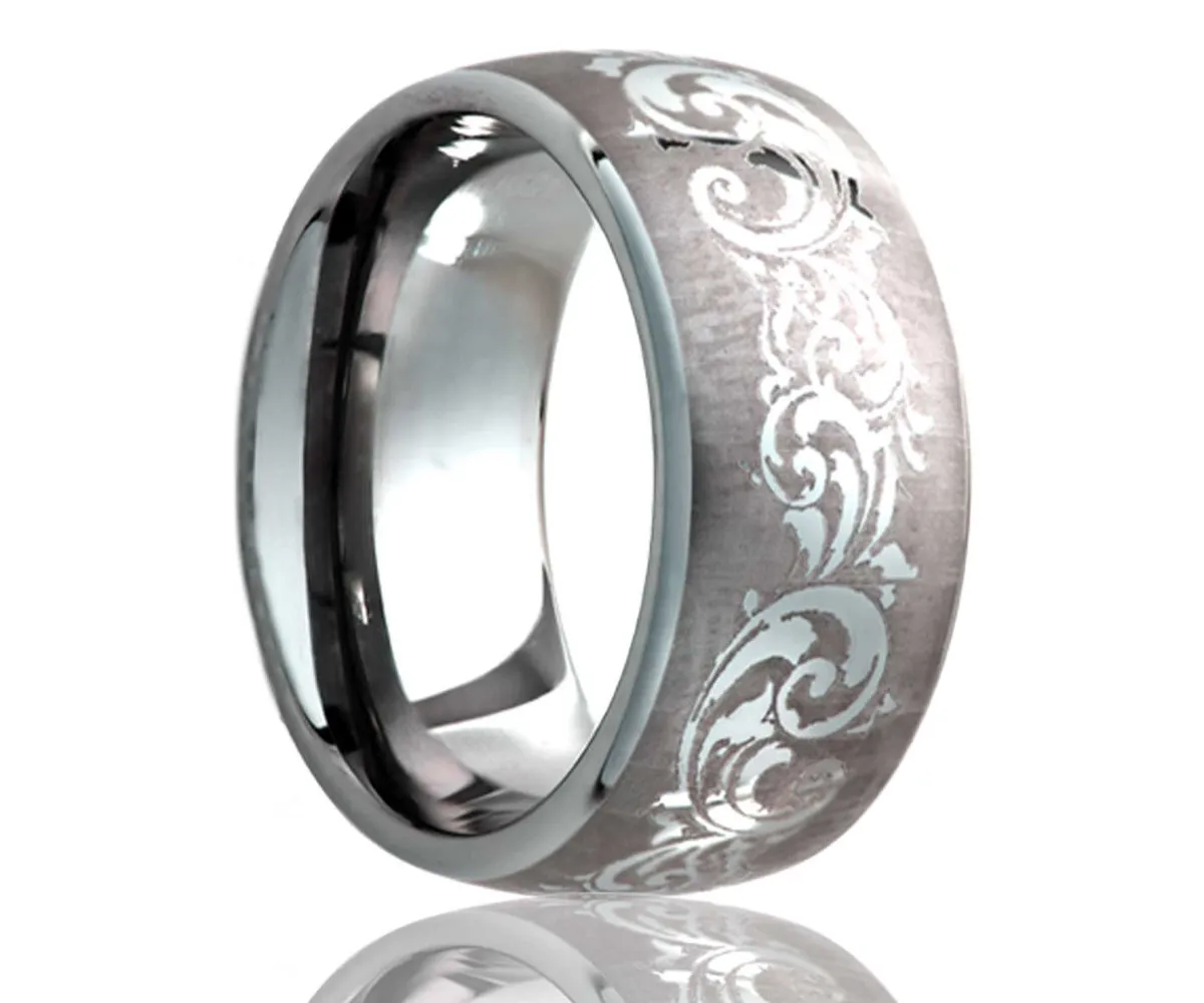 Titanium Dome Laser Engraved Swirl Ring