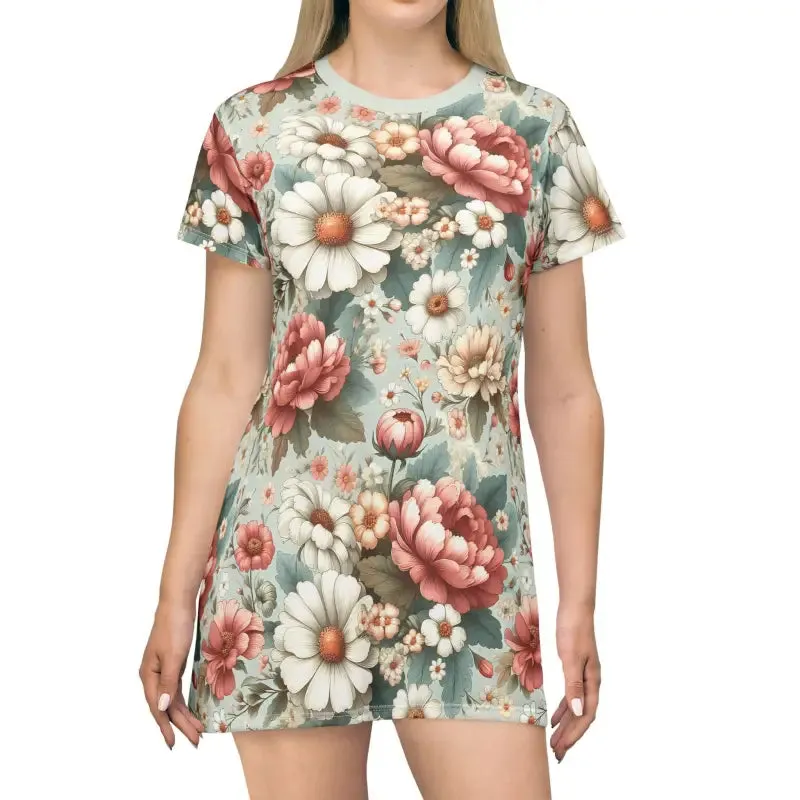 Trendy Pink t Shirt Dress with White Flowers