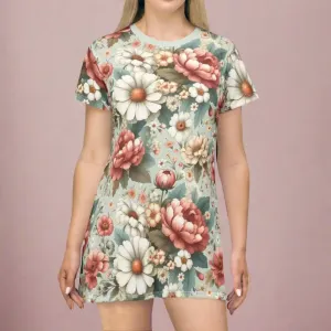 Trendy Pink t Shirt Dress with White Flowers