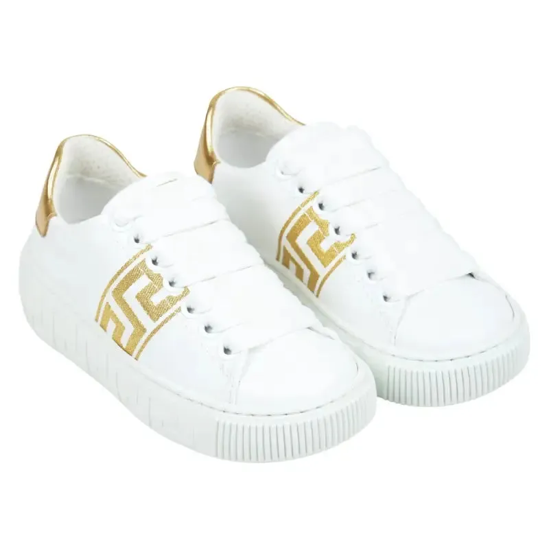 Versace White & Gold Embroidered Greca Sneakers
