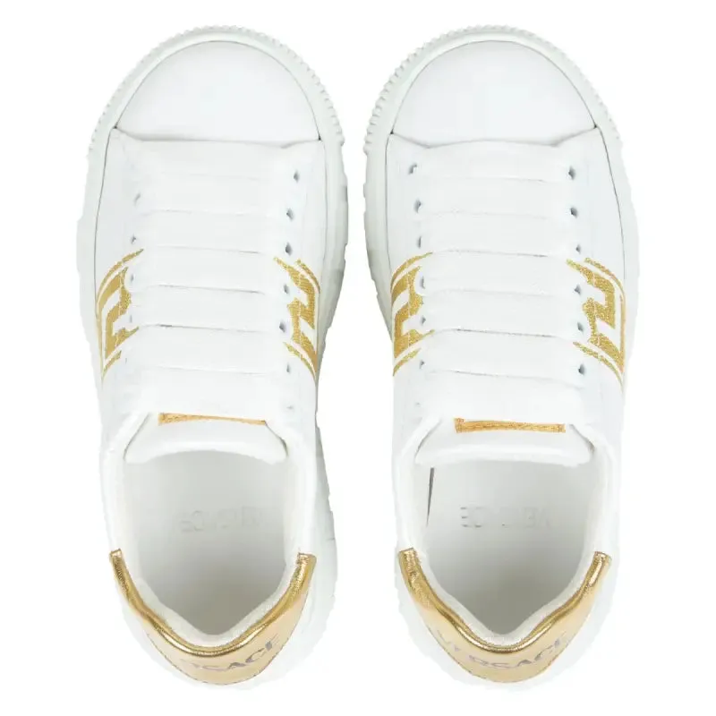 Versace White & Gold Embroidered Greca Sneakers