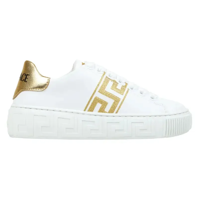 Versace White & Gold Embroidered Greca Sneakers