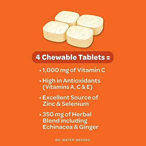 Vitamina C 1000 mg - Tabletas masticables con cítricos en el aire (64 unidades en una caja), suplemento de apoyo inmunológico sin gluten y alto en antioxidantes, el embalaje puede variar